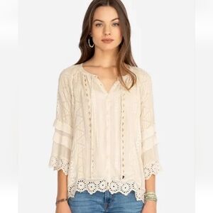 Johnny Was  Ari Cream Boho 3/4 Sleeves Cropped Embroidered Top Small S